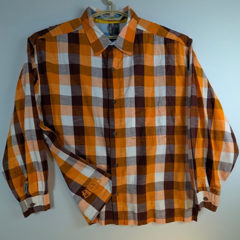 Y2K SilverTab Button Down Shirt Mens XXL Orange Plaid Vintage 2003 Boxy EUC
